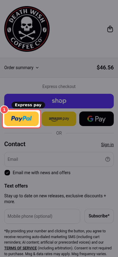 Phone screenshot on deathwishcoffee.com/checkouts/cn/hWNHXe9NMIp2f2ObwoiGb8T4/en-us, marked to show: Express wallets shown first in checkout