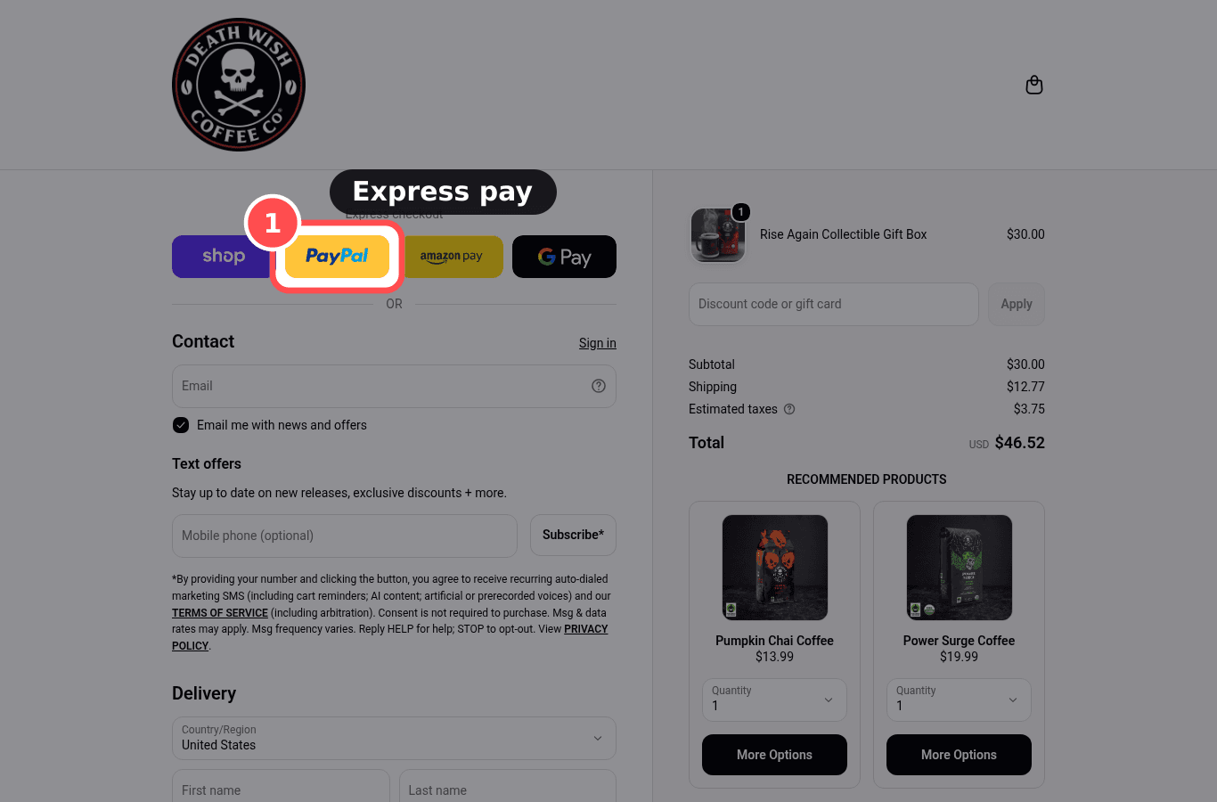 Desktop screenshot on deathwishcoffee.com/checkouts/cn/hWNHXe9NMIp2f2ObwoiGb8T4/en-us, marked to show: Express wallets shown first in checkout