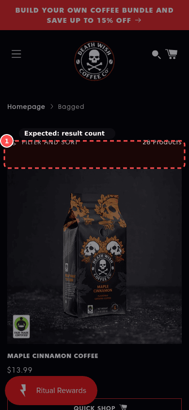 Phone screenshot on deathwishcoffee.com/collections/bagged, marked to show: Result count and paging are clear