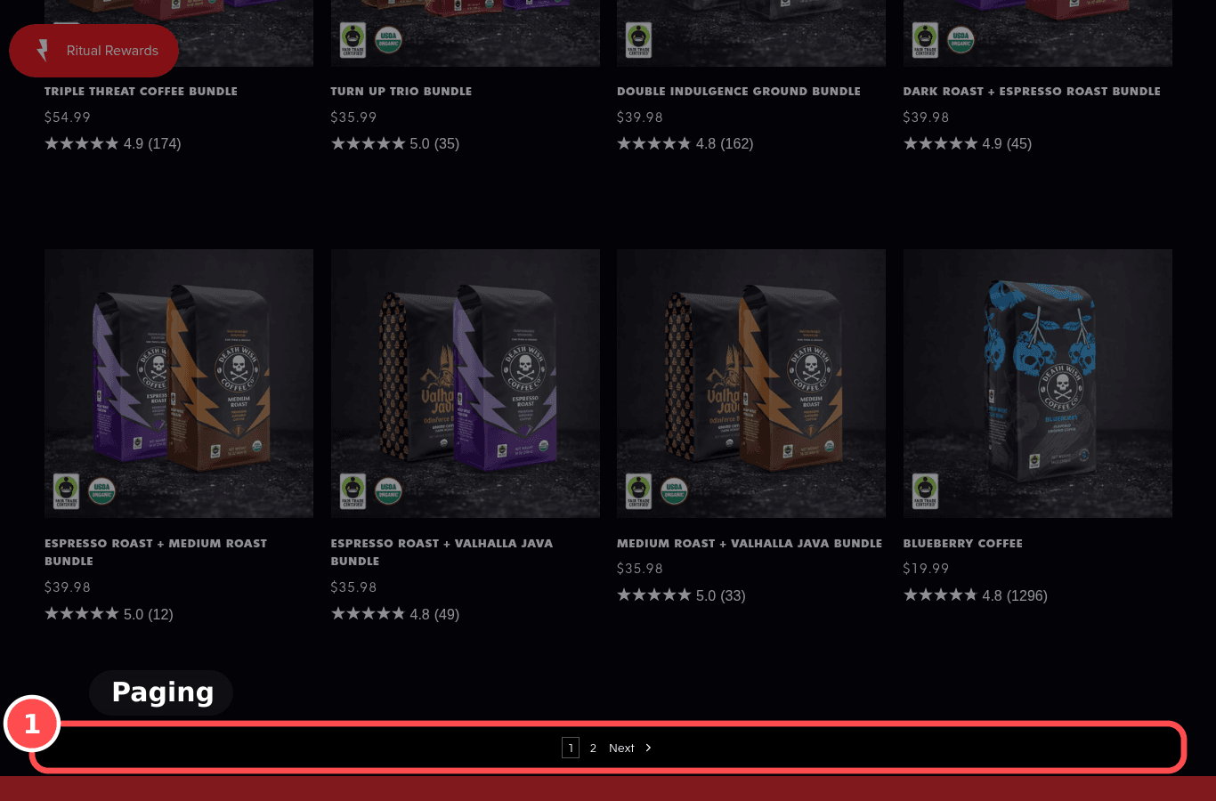 Desktop screenshot on deathwishcoffee.com/collections/bagged, marked to show: Result count and paging are clear