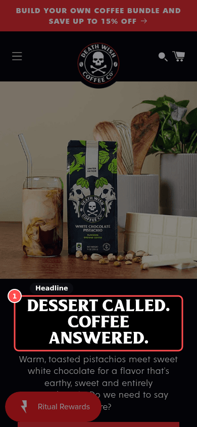 Phone screenshot on deathwishcoffee.com, marked to show: Value proposition is clear in 5 seconds