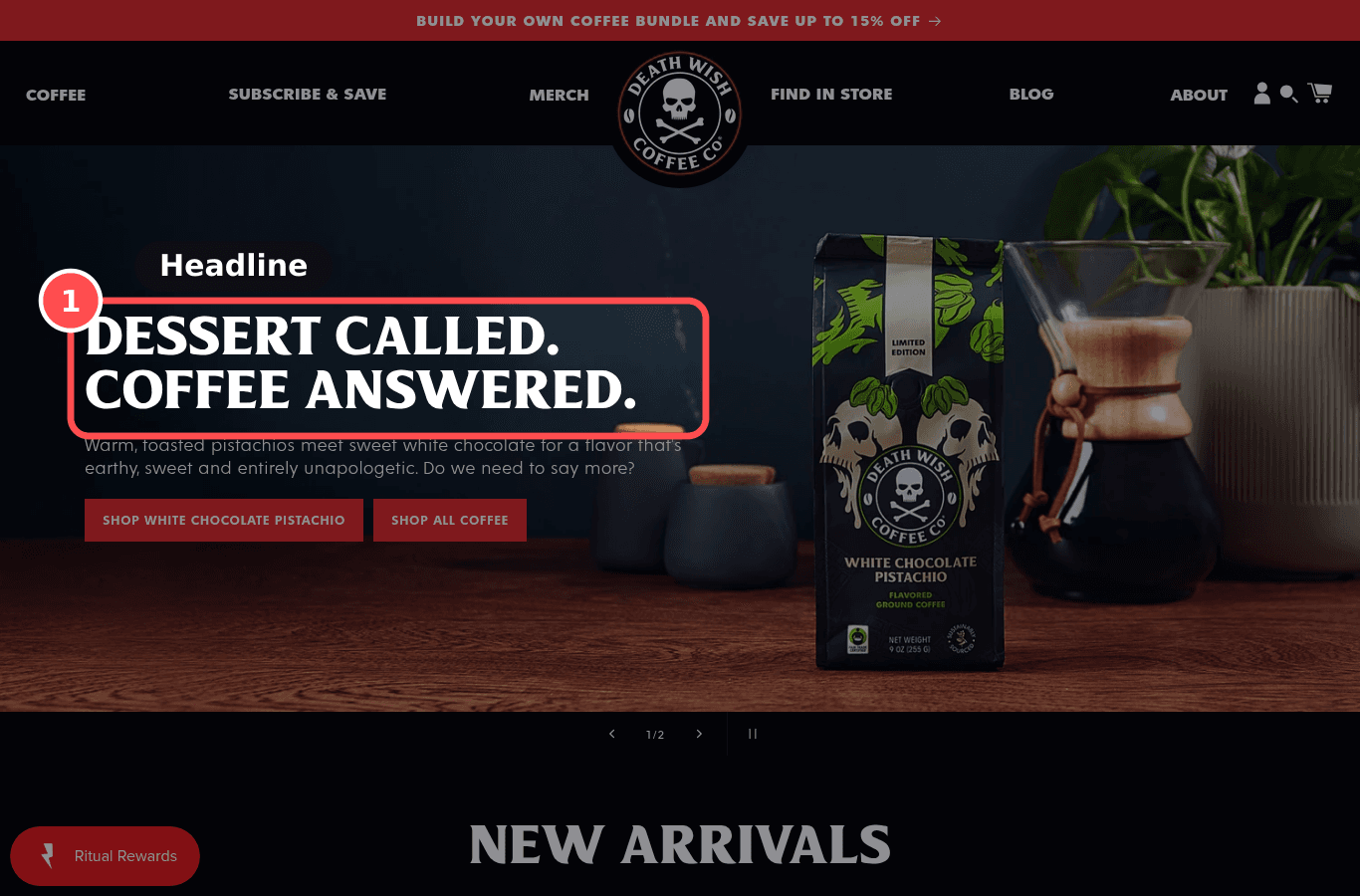 Desktop screenshot on deathwishcoffee.com, marked to show: Value proposition is clear in 5 seconds