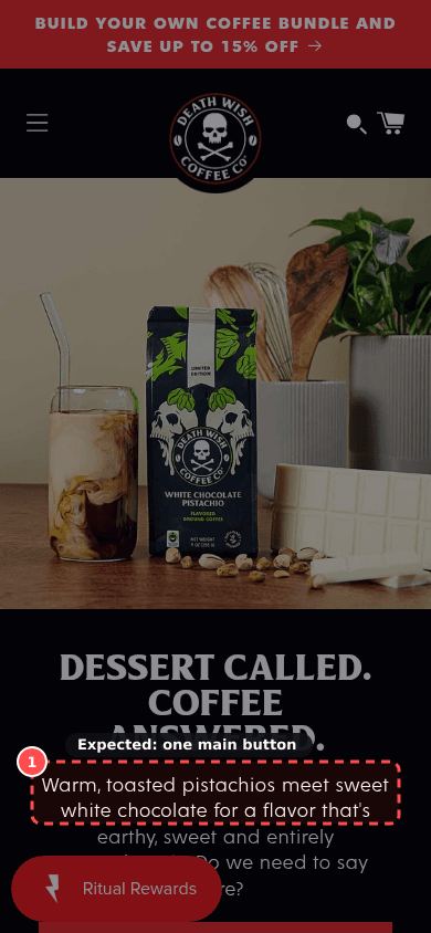 Phone screenshot on deathwishcoffee.com, marked to show: One dominant call to action on the first screen