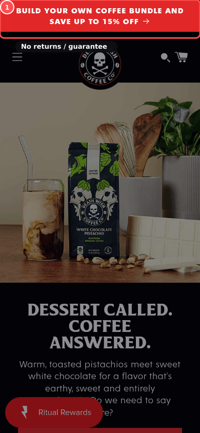 Phone screenshot on deathwishcoffee.com, marked to show: Risk-reducer bar (shipping, returns, guarantee) near the top