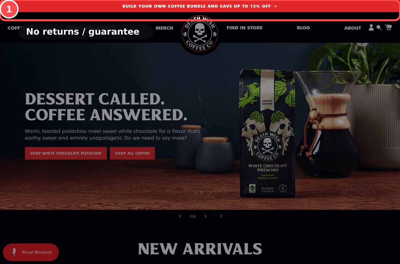 Desktop screenshot on deathwishcoffee.com, marked to show: Risk-reducer bar (shipping, returns, guarantee) near the top