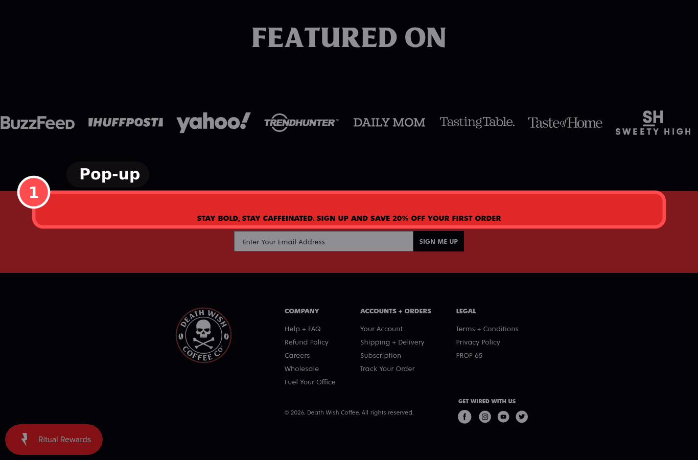 Desktop screenshot on deathwishcoffee.com, marked to show: Popup stack does not block the first visit
