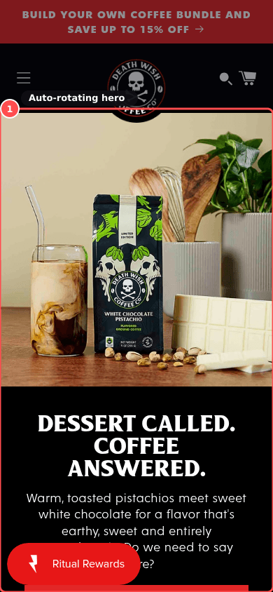 Phone screenshot on deathwishcoffee.com, marked to show: No auto-rotating hero carousel