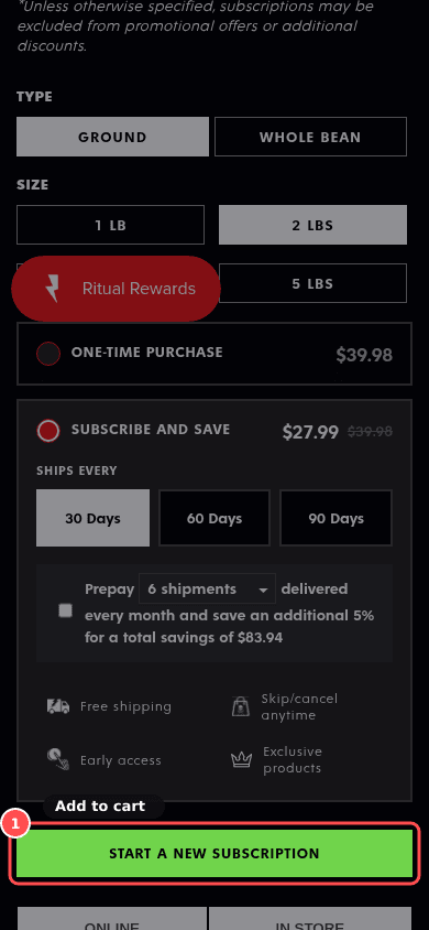 Phone screenshot on deathwishcoffee.com/products/power-surge-coffee, marked to show: Add to cart is visually dominant; buy box is uncluttered
