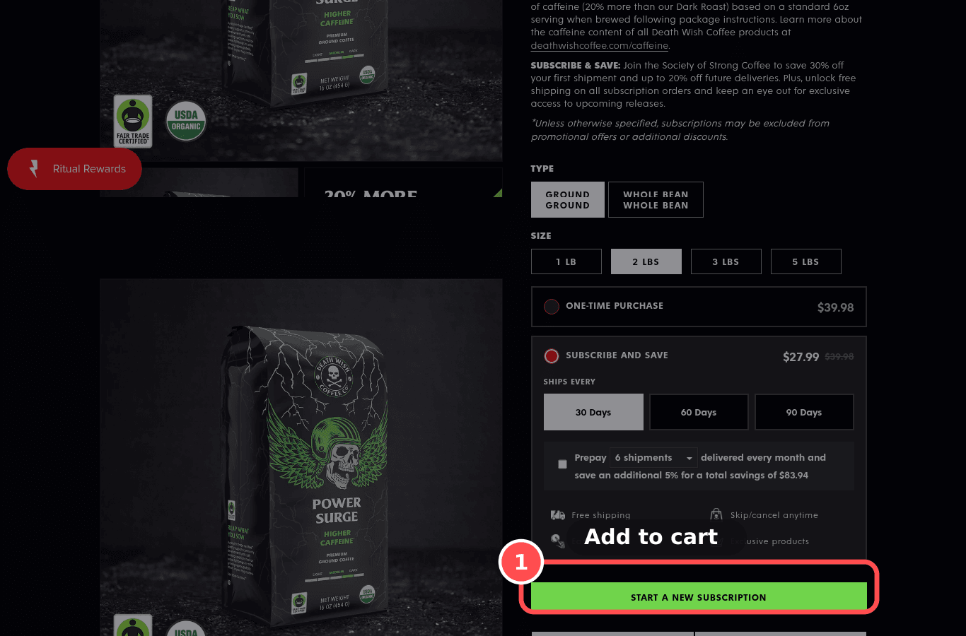 Desktop screenshot on deathwishcoffee.com/products/power-surge-coffee, marked to show: Add to cart is visually dominant; buy box is uncluttered