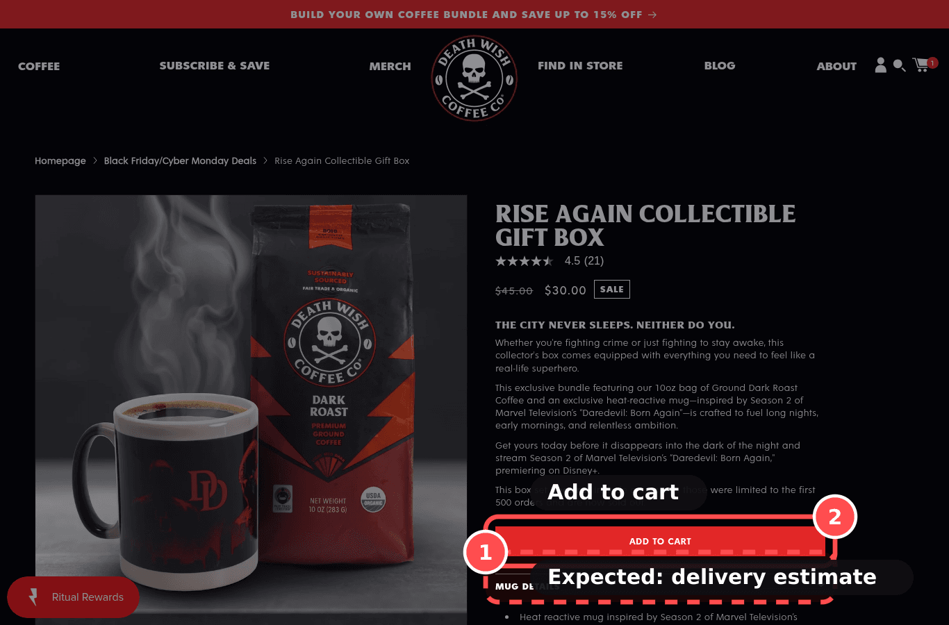 Desktop screenshot on deathwishcoffee.com/products/rise-again-collectible-gift-box, marked to show: Delivery cost and date shown near Add to cart