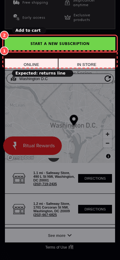 Phone screenshot on deathwishcoffee.com/products/power-surge-coffee, marked to show: Returns policy summarised near Add to cart