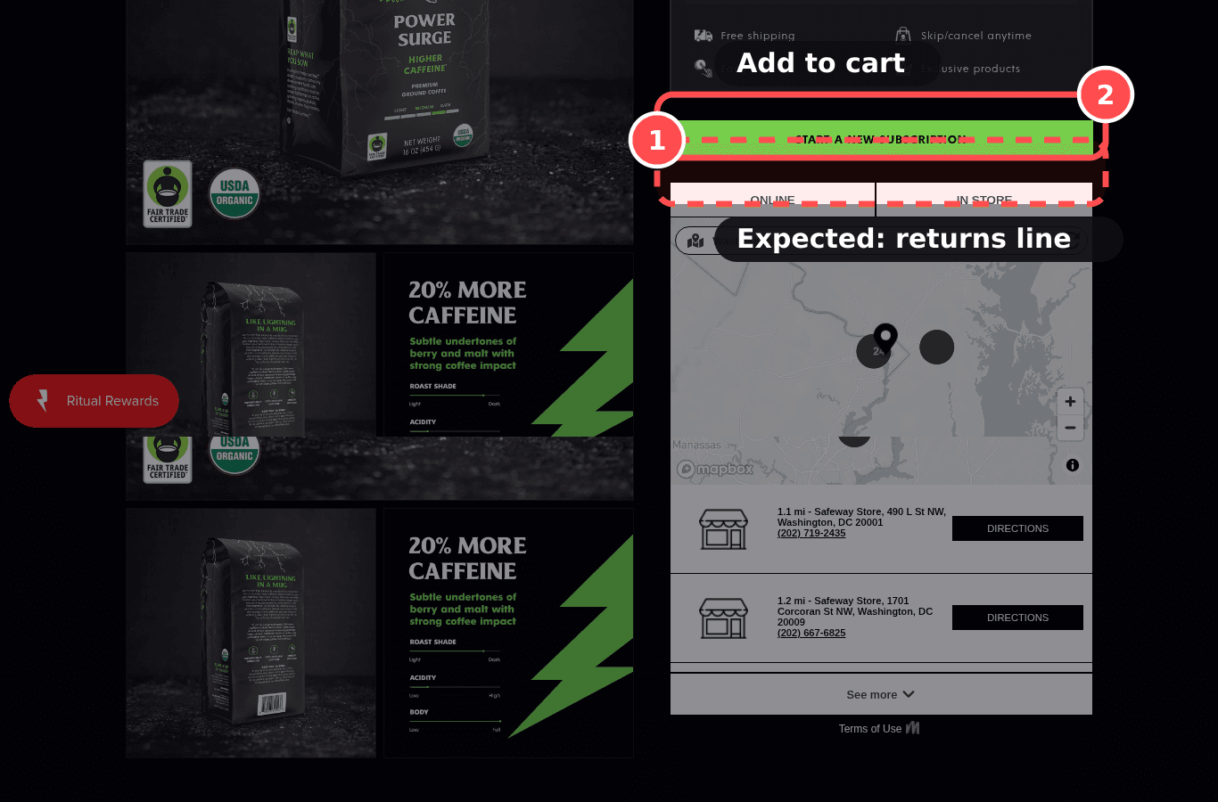 Desktop screenshot on deathwishcoffee.com/products/power-surge-coffee, marked to show: Returns policy summarised near Add to cart