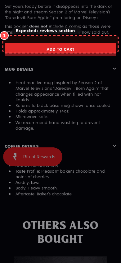 Phone screenshot on deathwishcoffee.com/products/rise-again-collectible-gift-box, marked to show: Reviews have depth: photos, filters, responses to negatives