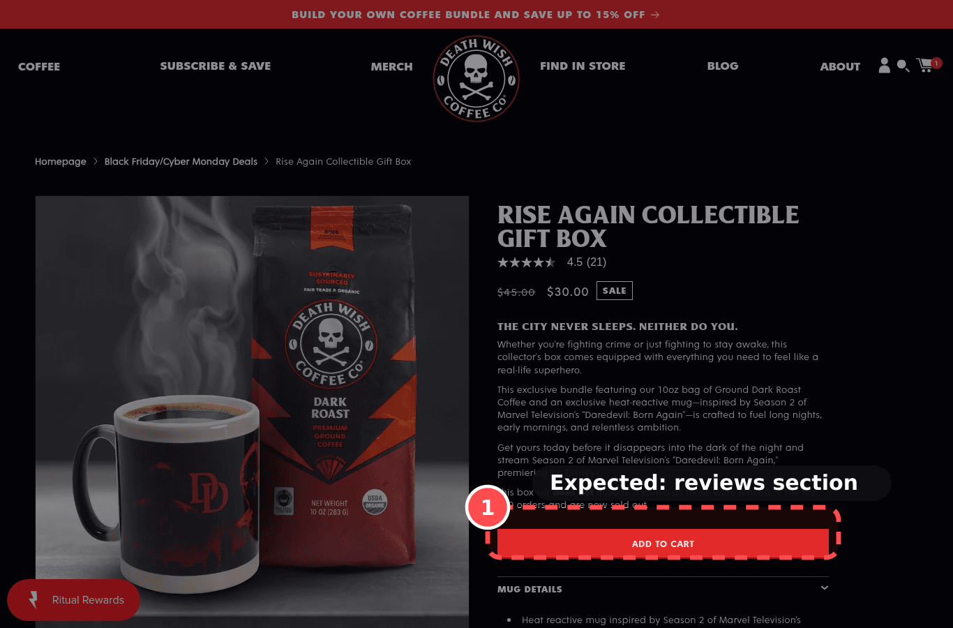 Desktop screenshot on deathwishcoffee.com/products/rise-again-collectible-gift-box, marked to show: Reviews have depth: photos, filters, responses to negatives