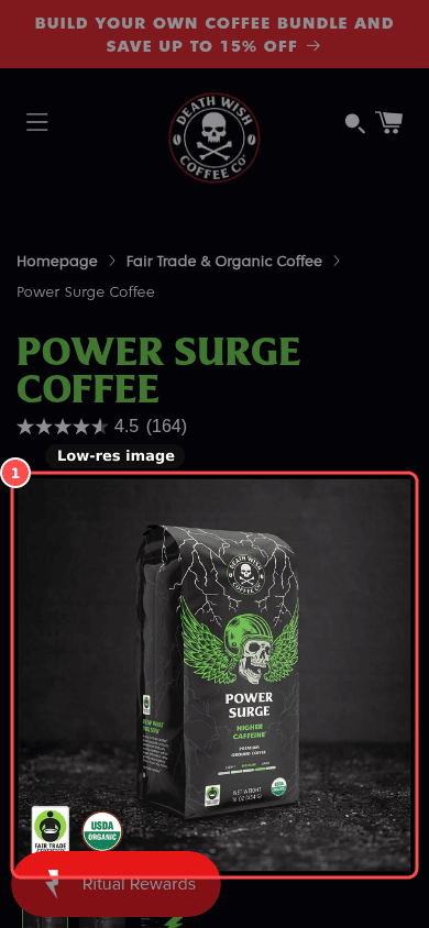 Phone screenshot on deathwishcoffee.com/products/power-surge-coffee, marked to show: Enough product images, with thumbnails and zoom