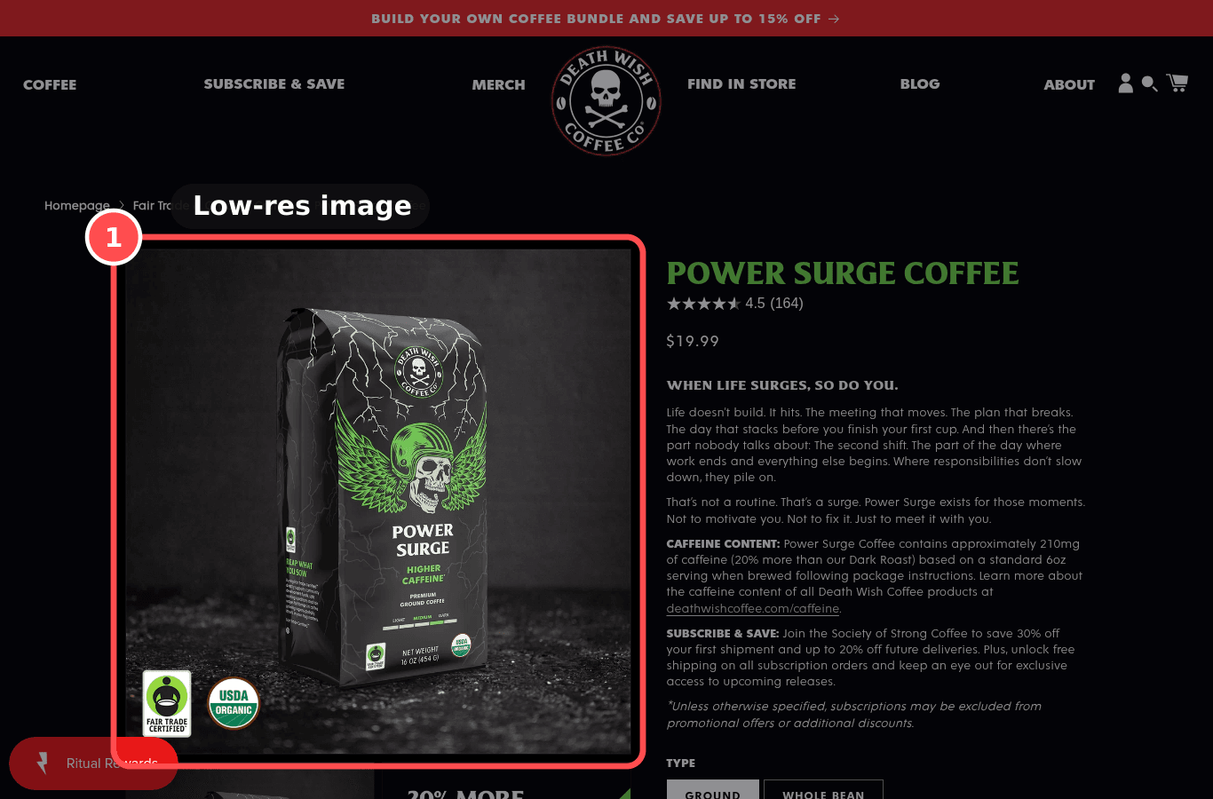 Desktop screenshot on deathwishcoffee.com/products/power-surge-coffee, marked to show: Enough product images, with thumbnails and zoom