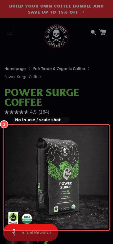 Phone screenshot on deathwishcoffee.com/products/power-surge-coffee, marked to show: In-scale and on-model images