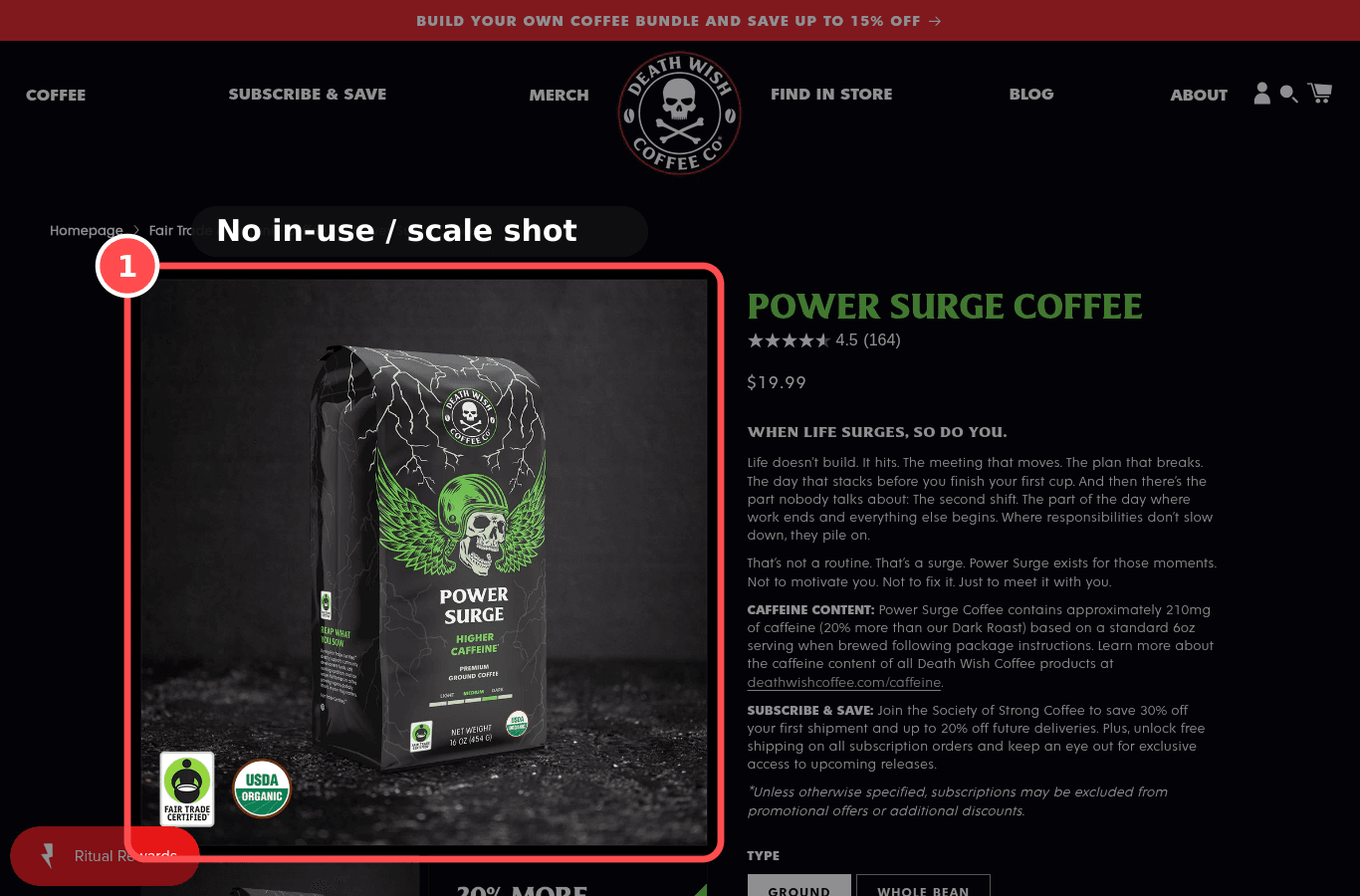 Desktop screenshot on deathwishcoffee.com/products/power-surge-coffee, marked to show: In-scale and on-model images