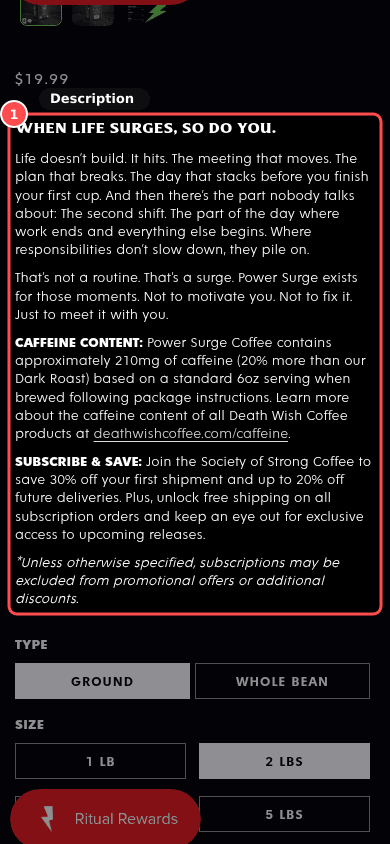 Phone screenshot on deathwishcoffee.com/products/power-surge-coffee, marked to show: Description answers buying questions