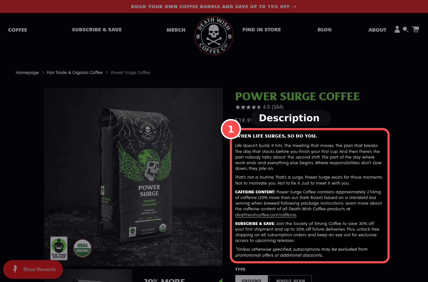 Desktop screenshot on deathwishcoffee.com/products/power-surge-coffee, marked to show: Description answers buying questions