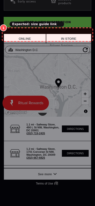 Phone screenshot on deathwishcoffee.com/products/power-surge-coffee, marked to show: Size guide available near the size selector