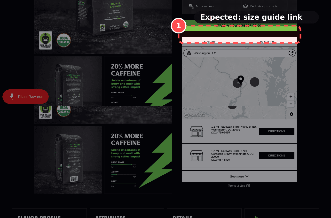 Desktop screenshot on deathwishcoffee.com/products/power-surge-coffee, marked to show: Size guide available near the size selector
