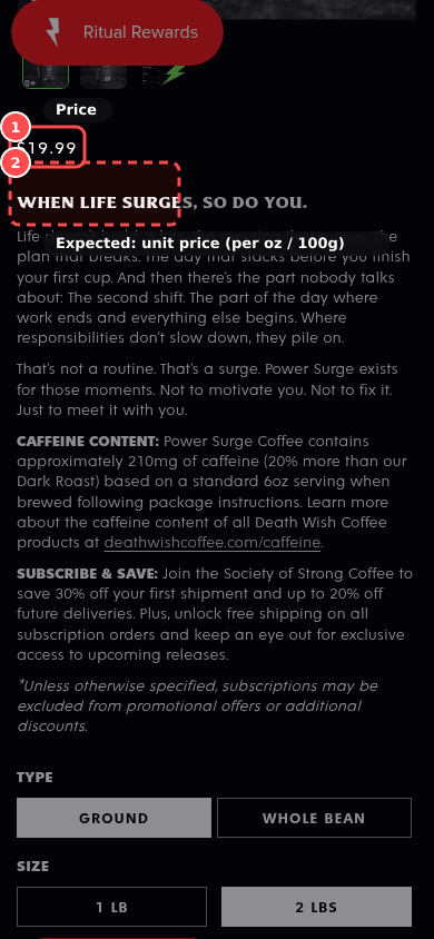 Phone screenshot on deathwishcoffee.com/products/power-surge-coffee, marked to show: Unit price shown where relevant