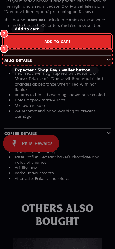 Phone screenshot on deathwishcoffee.com/products/rise-again-collectible-gift-box, marked to show: Express checkout buttons on the PDP