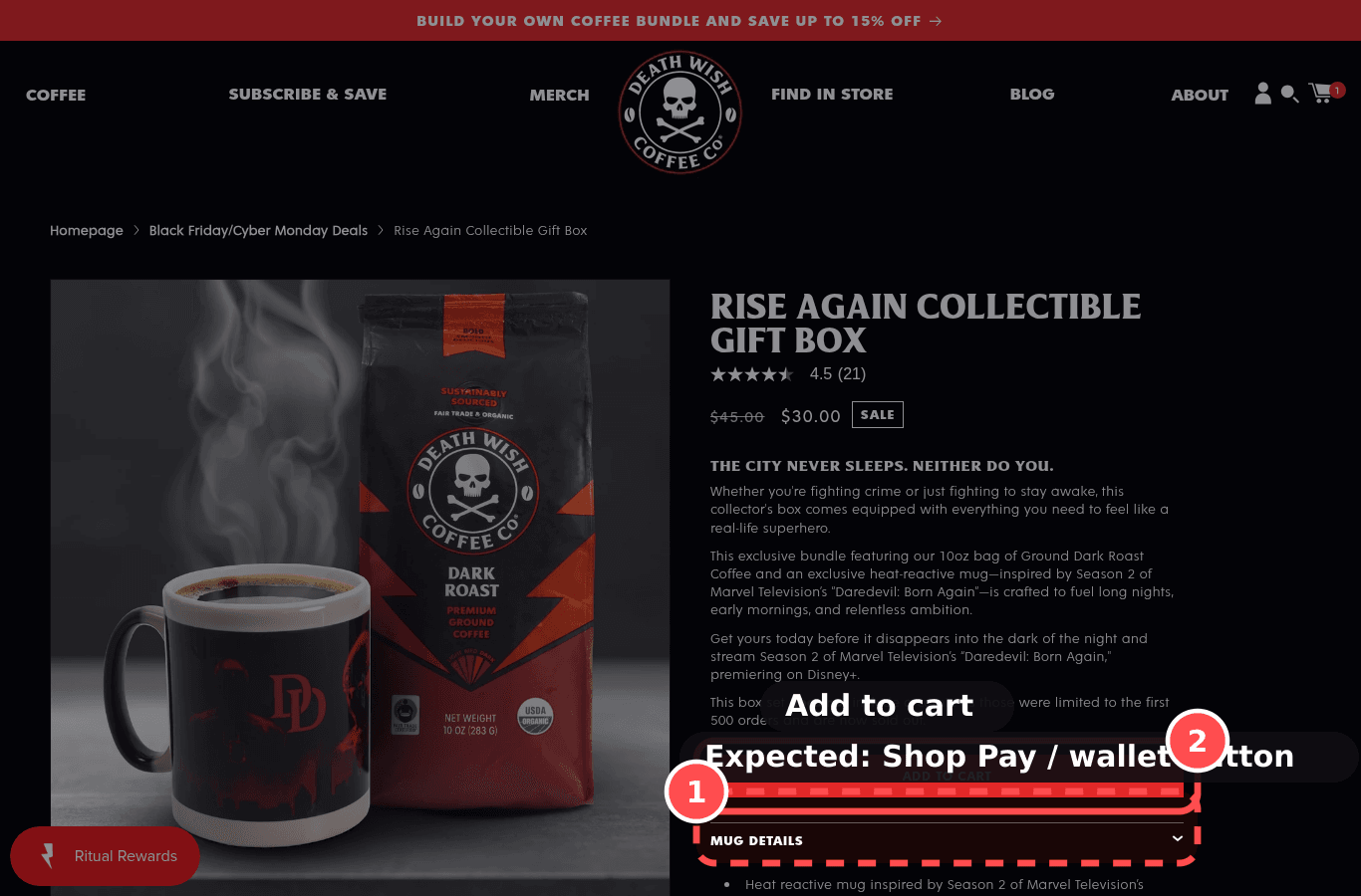 Desktop screenshot on deathwishcoffee.com/products/rise-again-collectible-gift-box, marked to show: Express checkout buttons on the PDP