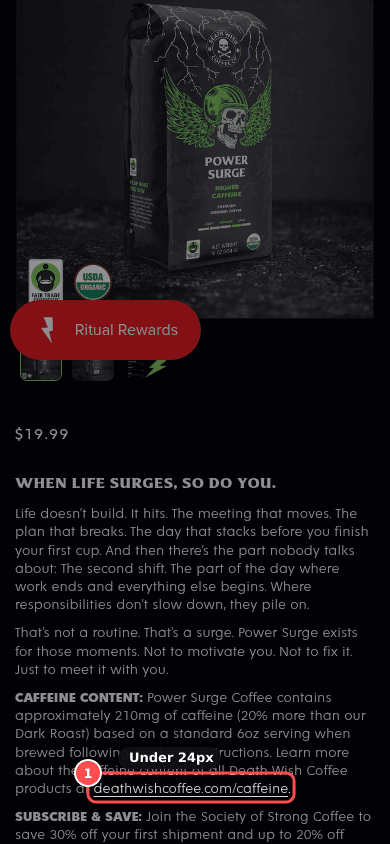 Phone screenshot on deathwishcoffee.com/products/power-surge-coffee, marked to show: Tap targets are big enough and spaced on mobile