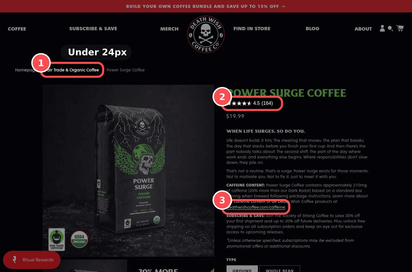 Desktop screenshot on deathwishcoffee.com/products/power-surge-coffee, marked to show: Tap targets are big enough and spaced on mobile