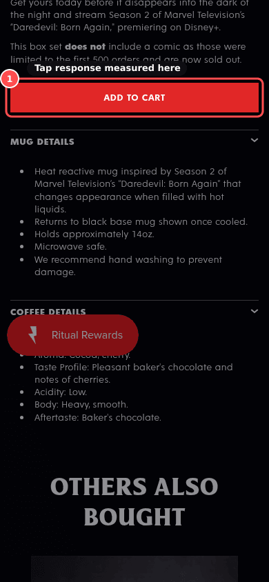 Phone screenshot on deathwishcoffee.com/products/rise-again-collectible-gift-box, marked to show: Interaction responsiveness (INP)