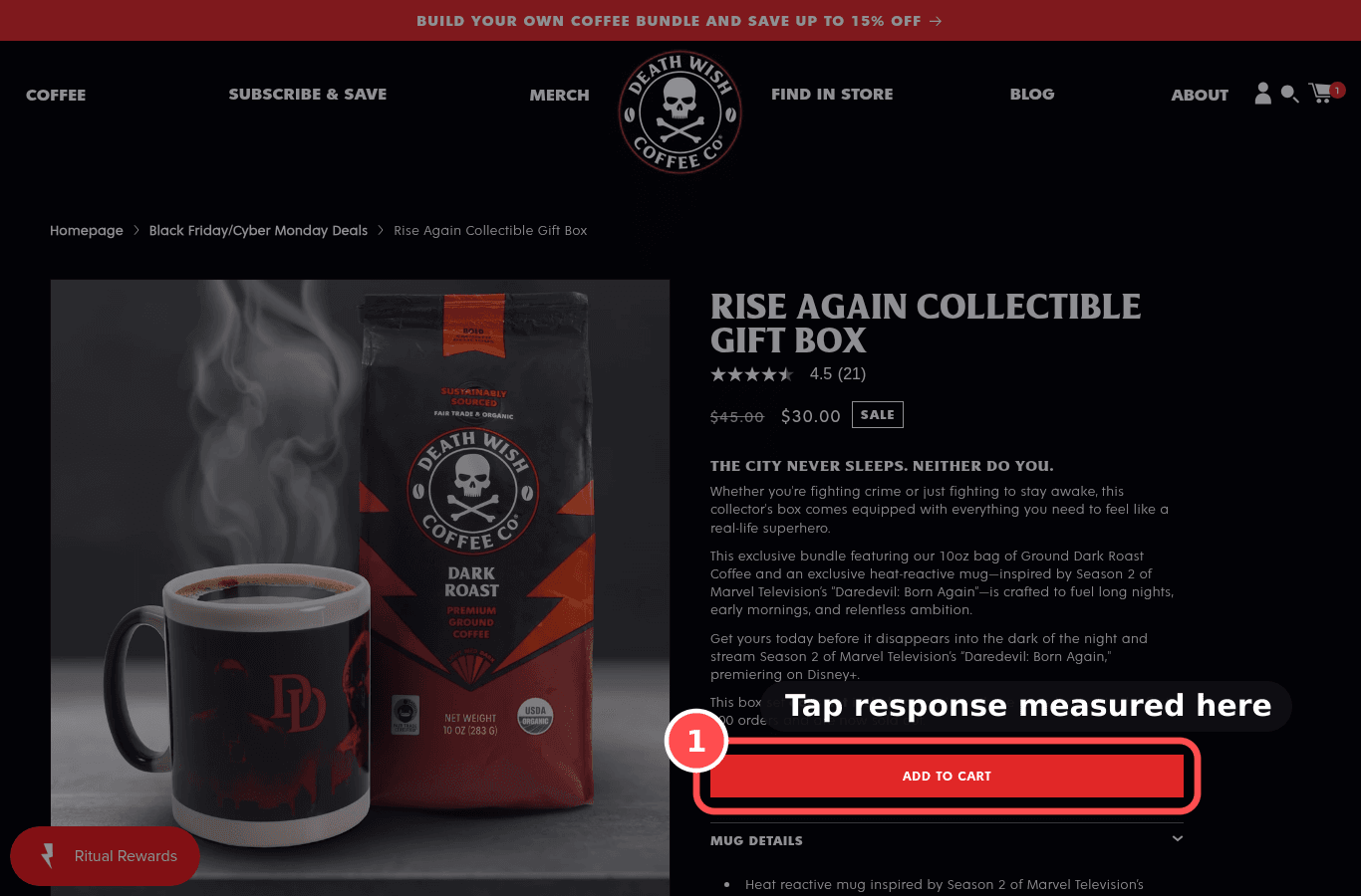 Desktop screenshot on deathwishcoffee.com/products/rise-again-collectible-gift-box, marked to show: Interaction responsiveness (INP)
