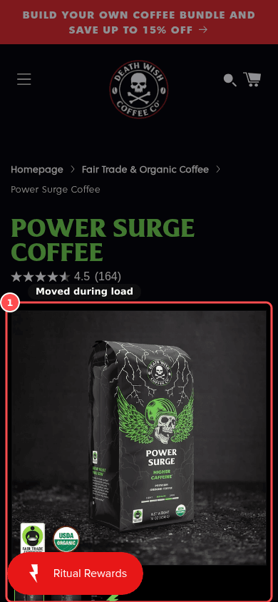 Phone screenshot on deathwishcoffee.com/products/power-surge-coffee, marked to show: No layout shift near buy elements (CLS)