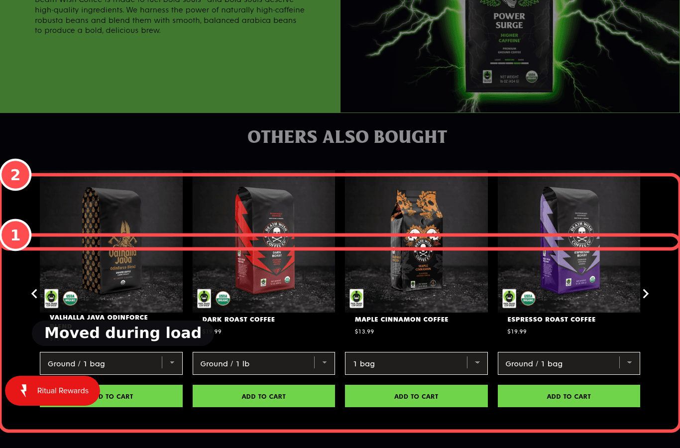 Desktop screenshot on deathwishcoffee.com/products/power-surge-coffee, marked to show: No layout shift near buy elements (CLS)