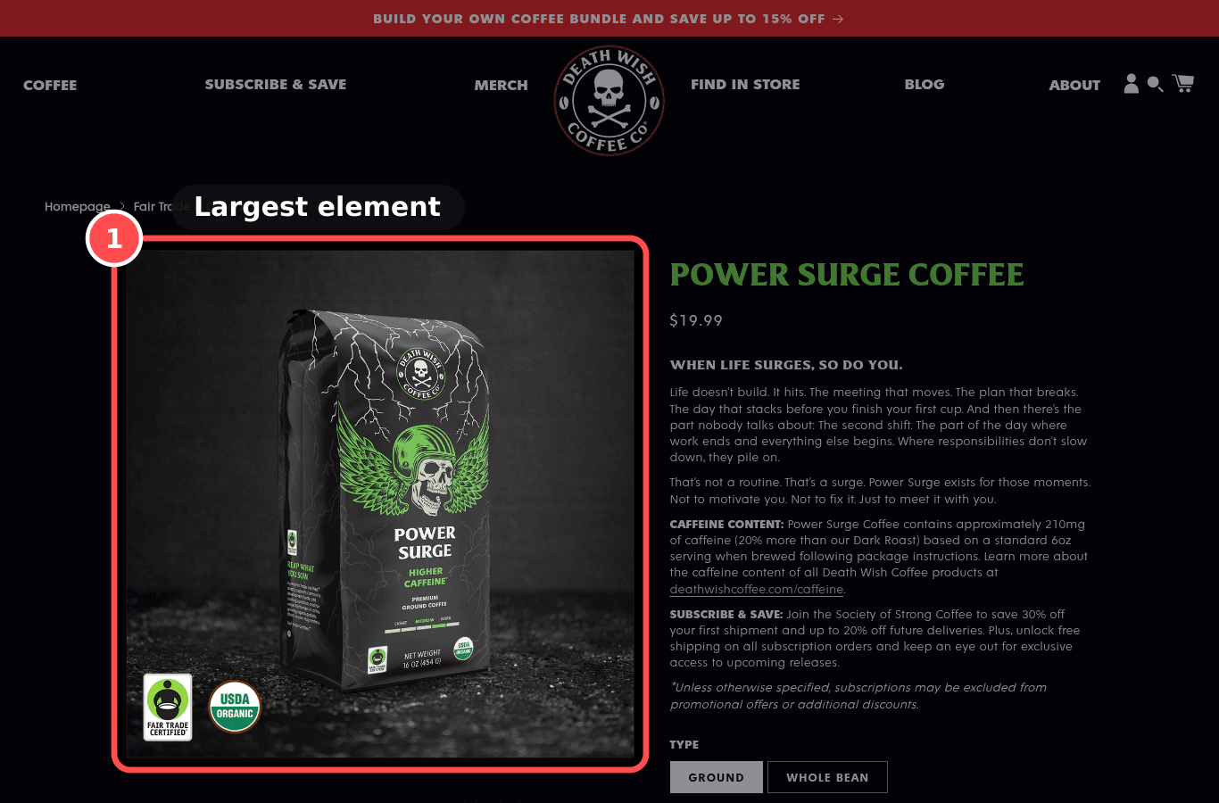 Desktop screenshot on deathwishcoffee.com/products/power-surge-coffee, marked to show: Third-party app scripts are under control
