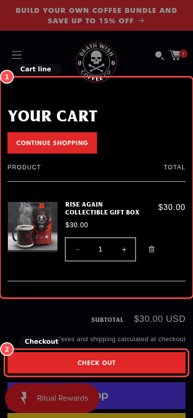 Phone screenshot on deathwishcoffee.com/cart, marked to show: Cart drawer and filters respond quickly