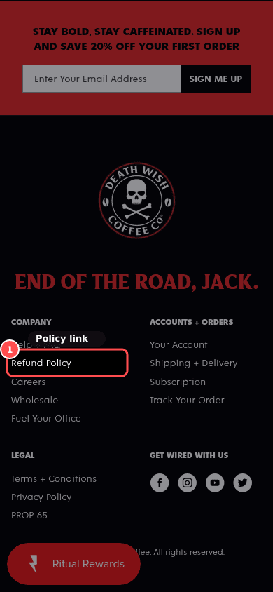 Phone screenshot on deathwishcoffee.com, marked to show: Policies exist, are plain and linked near buy and footer