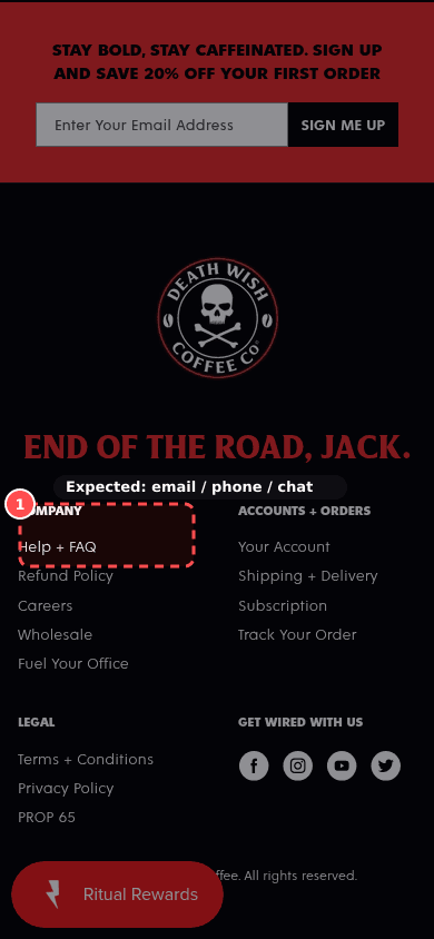 Phone screenshot on deathwishcoffee.com, marked to show: Real contact options