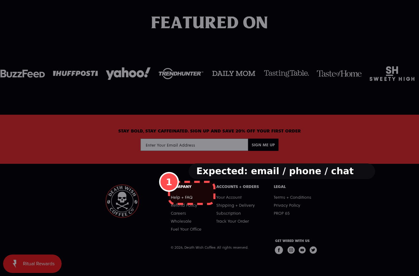 Desktop screenshot on deathwishcoffee.com, marked to show: Real contact options