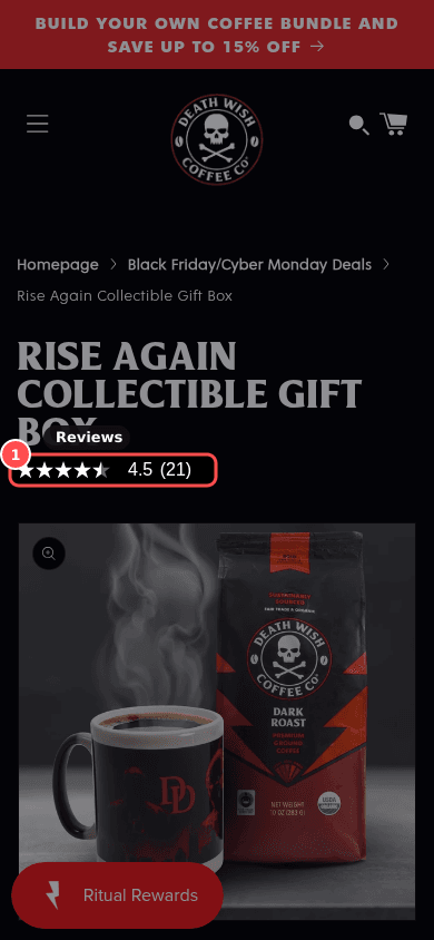 Phone screenshot on deathwishcoffee.com/products/rise-again-collectible-gift-box, marked to show: Social proof is credible and visible site-wide