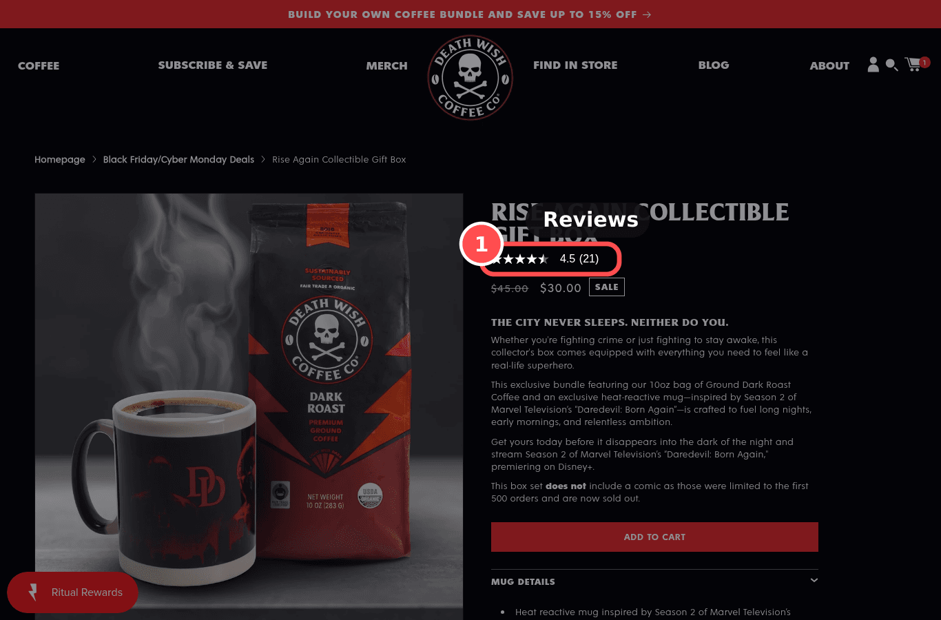 Desktop screenshot on deathwishcoffee.com/products/rise-again-collectible-gift-box, marked to show: Social proof is credible and visible site-wide