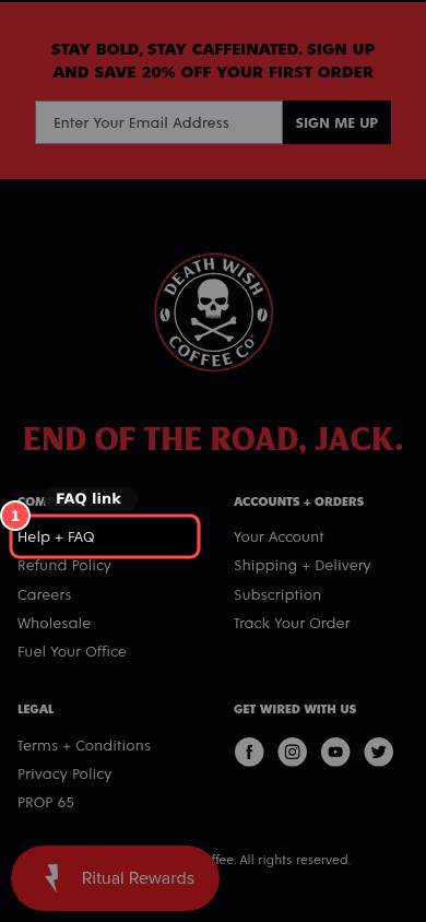 Phone screenshot on deathwishcoffee.com, marked to show: FAQ / help answers are easy to reach