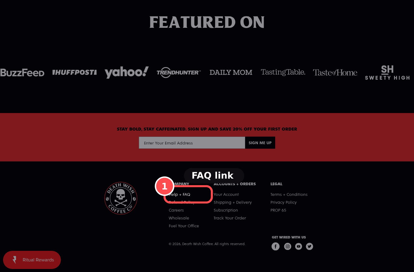 Desktop screenshot on deathwishcoffee.com, marked to show: FAQ / help answers are easy to reach